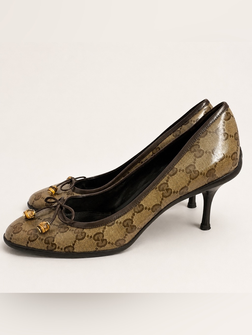 Gucci Brown Monogram Leather-Trim Kitten Heels with Gold Accents 10 41